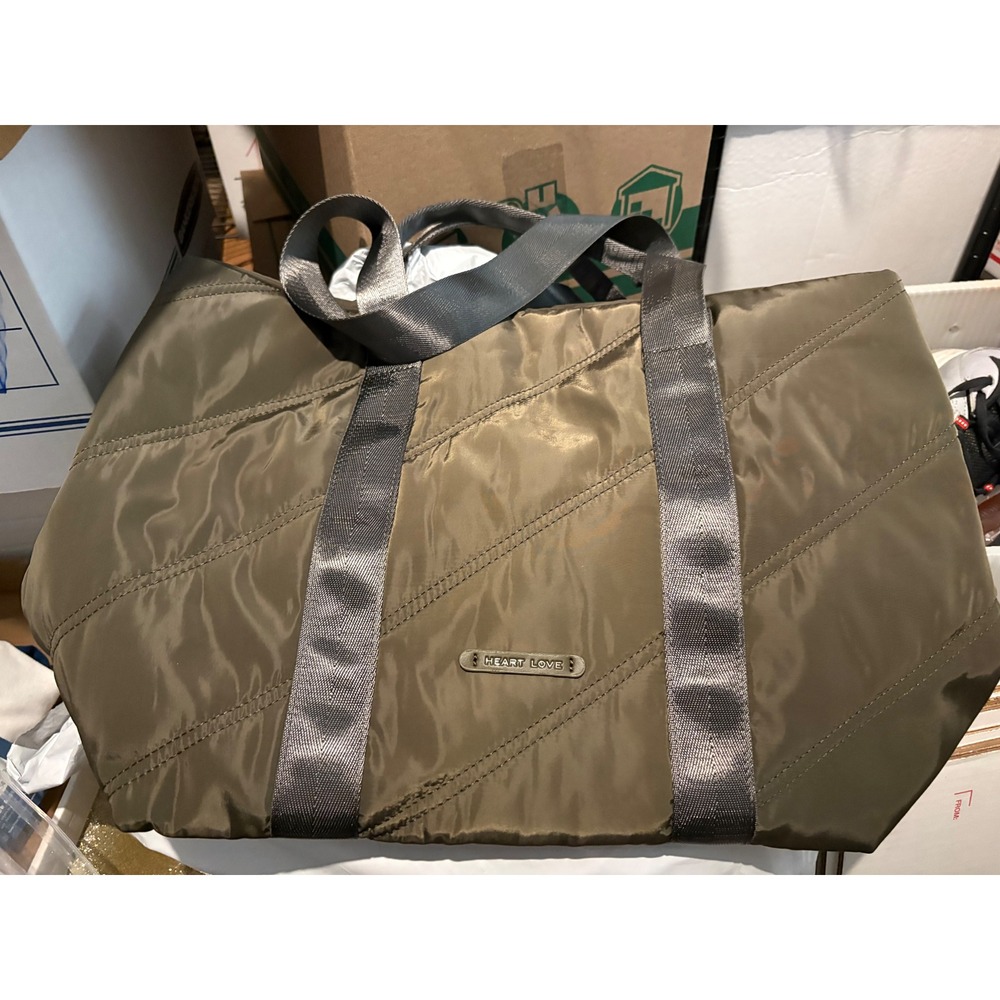 Heart Love Olive Green Quilted Puffer Tote Bag Nylon Travel Gym Carryall Bag